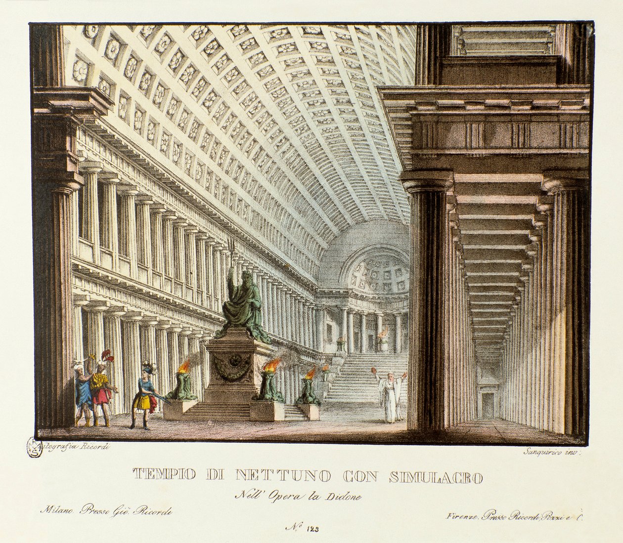 Vista do templo de Neptuno Cenografia para a representação da tragédia lírica "Didone" (Didon) (1783) do compositor Niccolo Vito Piccinni (ou Piccini) após a ópera de Metástase (Metastase). Litografia em "Raccolta di invenzioni sceniche d de Alessandro Sanquirico