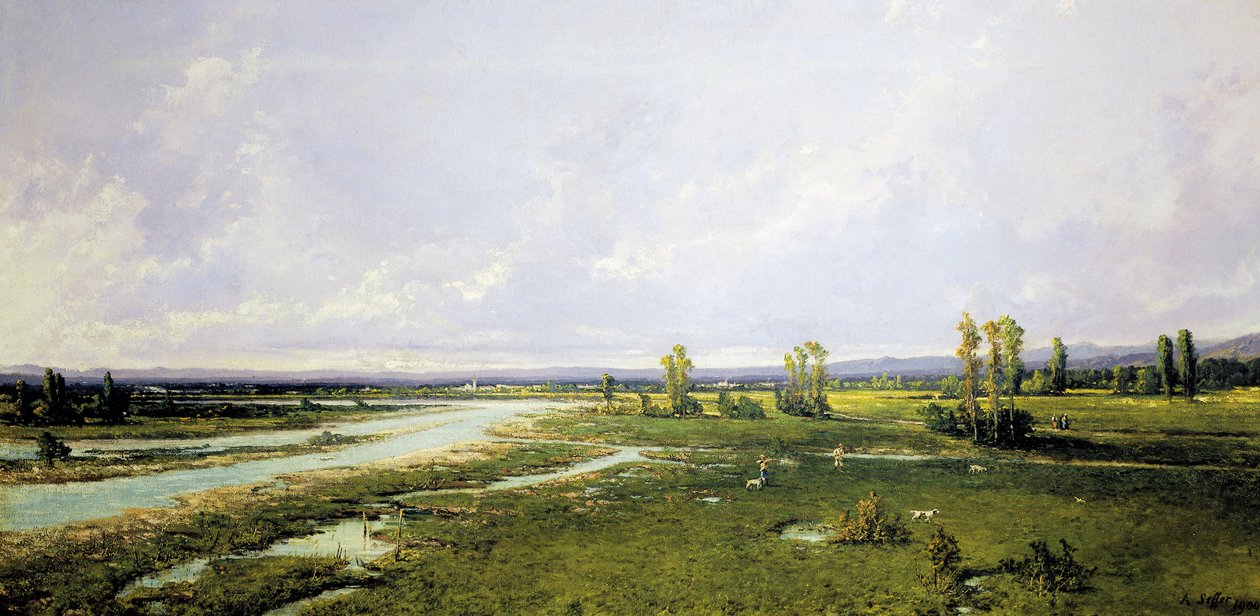 Caça no leito do rio Piave em Belluno, Pintura de Alessandro Seffer (1832-1905), Óleo sobre tela de Alessandro Seffer Guerra