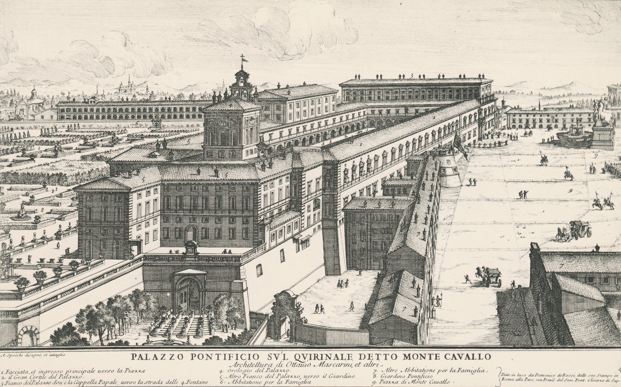 Palácio do Papa na colina Quirinale, também conhecido como Monte Cavallo, desenho e gravura de Alessandro Specchi (1668-1729), Itália de Alessandro Specchi