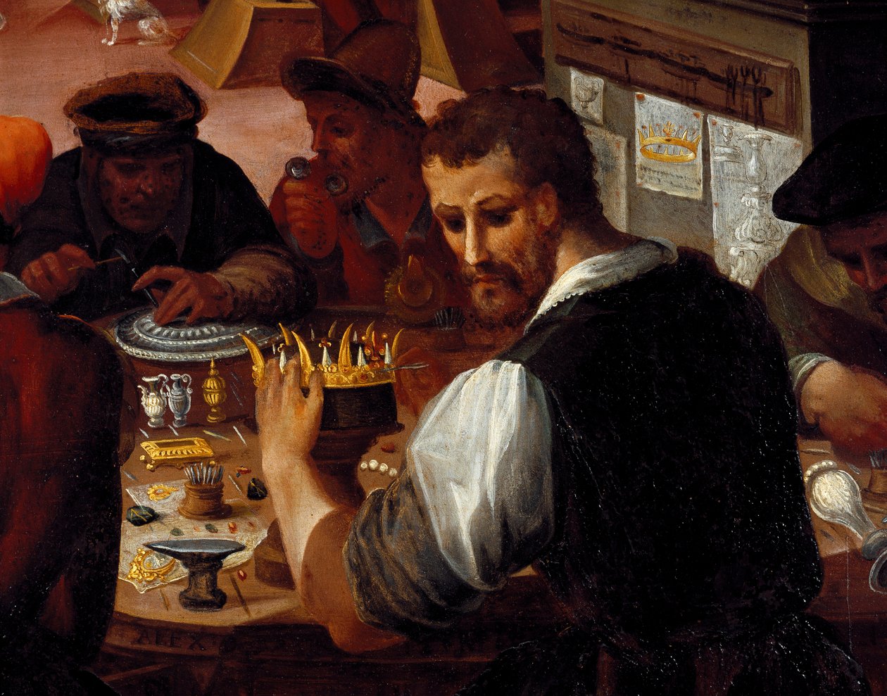 A oficina do ourives. Pormenor dos metalúrgicos (Pintura de Alessandro di Vincenzio Fei