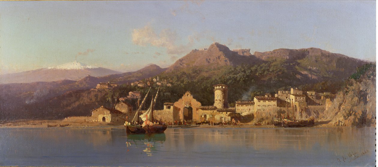 Vista, de, taormina, sicília, com, monte etna, em, a, fundo, 1868 de Alessandro la Volpe