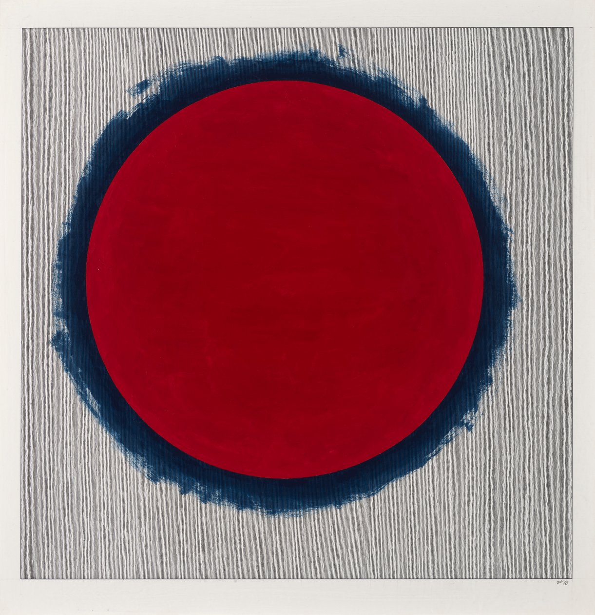 Círculo vermelho sobre azul, 2022 (esmalte e caneta sobre cartão) de Alex Dunn