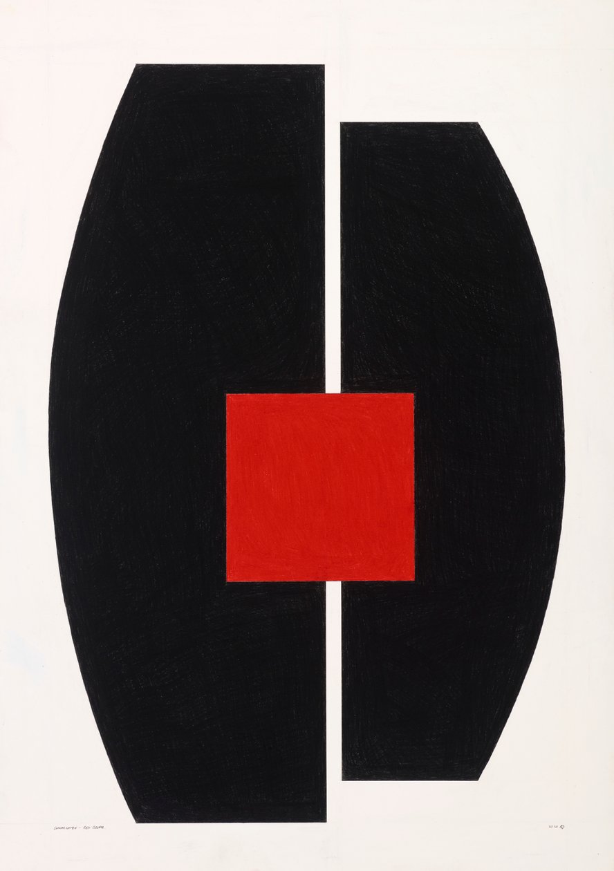 Quadrado vermelho sobre preto, 2021 (esmalte sobre cartão) de Alex Dunn