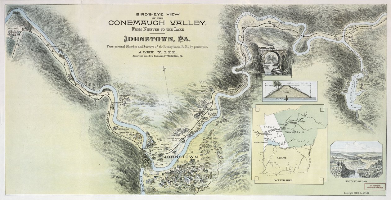 Vista panorâmica do Vale Conemaugh de Nínive até o lago, Johnstown, Pa.: de esboços pessoais e pesquisas da Pensilvânia R.R. com permissão de Alex. Y.; Pennsylvania Railroad Lee
