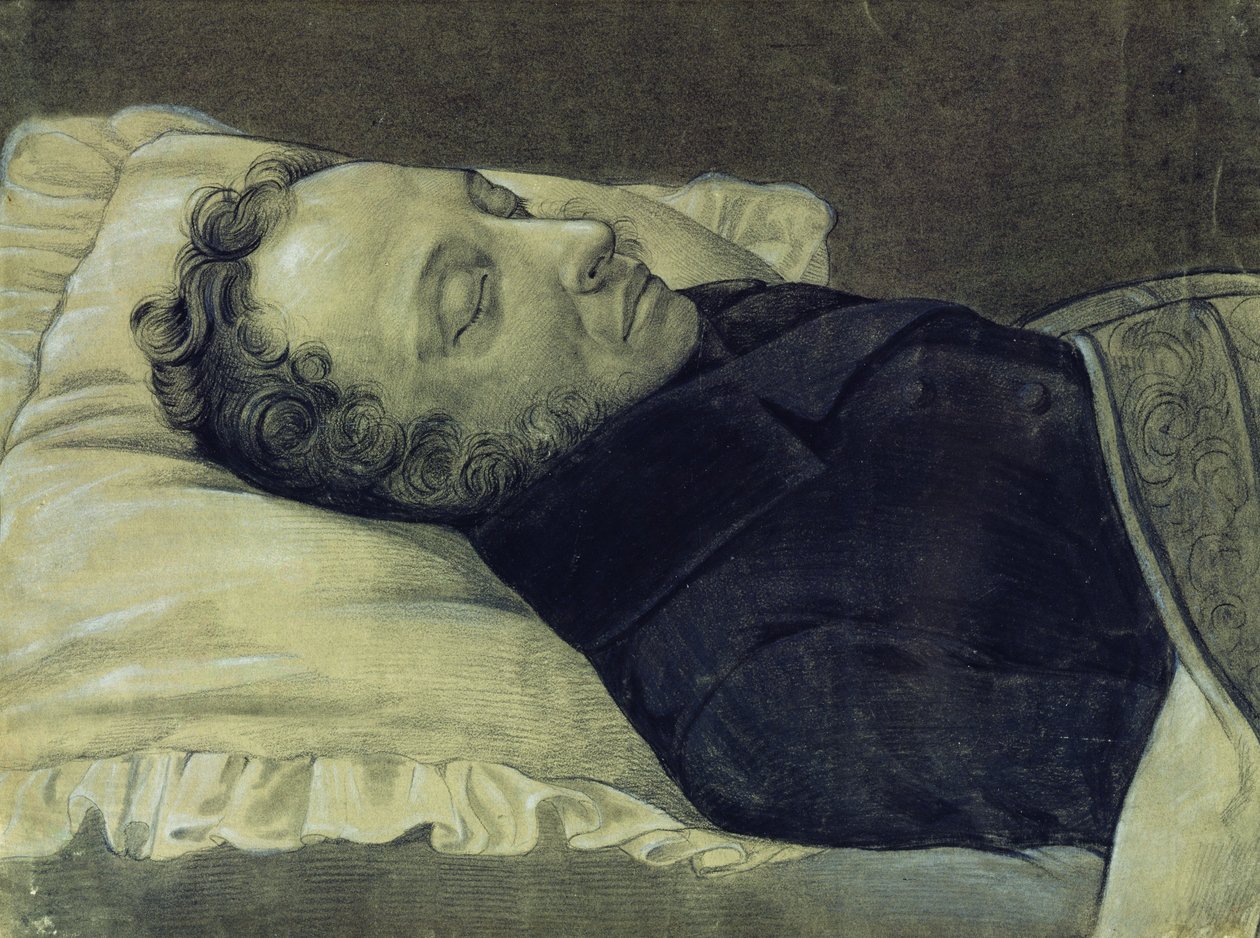 Retrato de Alexander Pushkin em seu leito de morte, 1837 (lápis, guache e tinta no papel) de Alexander Alexeyevich Koslov