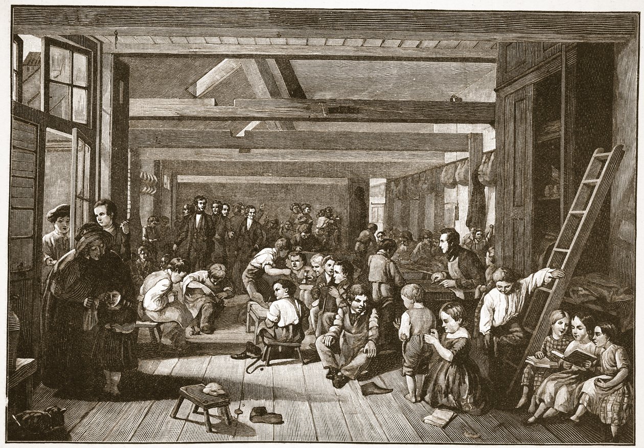 Visita de Lord Shaftesbury à Westminster Ragged School of Industry, ilustração de "A Igreja da Inglaterra: Uma História para o Povo" de HDM Spence-Jones, pub. c.1910 (foto sépia) de Alexander Blaikley