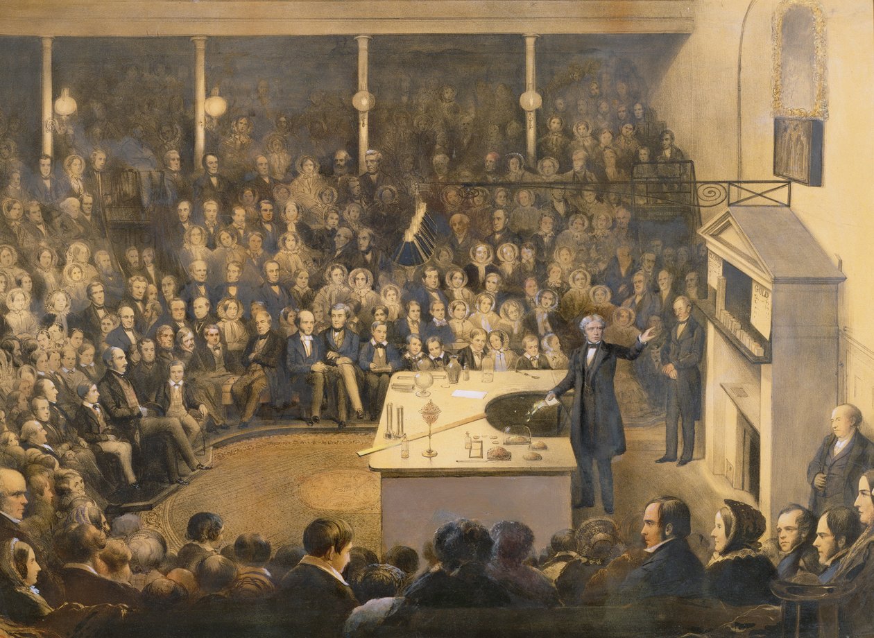 Michael Faraday (1791-1867) Palestra no Teatro da Real Instituição, c.1856 (litografia colorida) de Alexander Blaikley