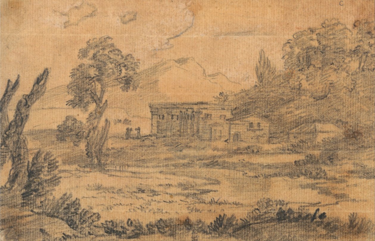 Edifícios por um rio com colinas no fundo de Alexander Cozens