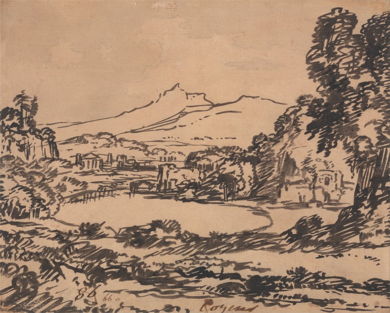 Paisagem com um lago e uma montanha distante de Alexander Cozens
