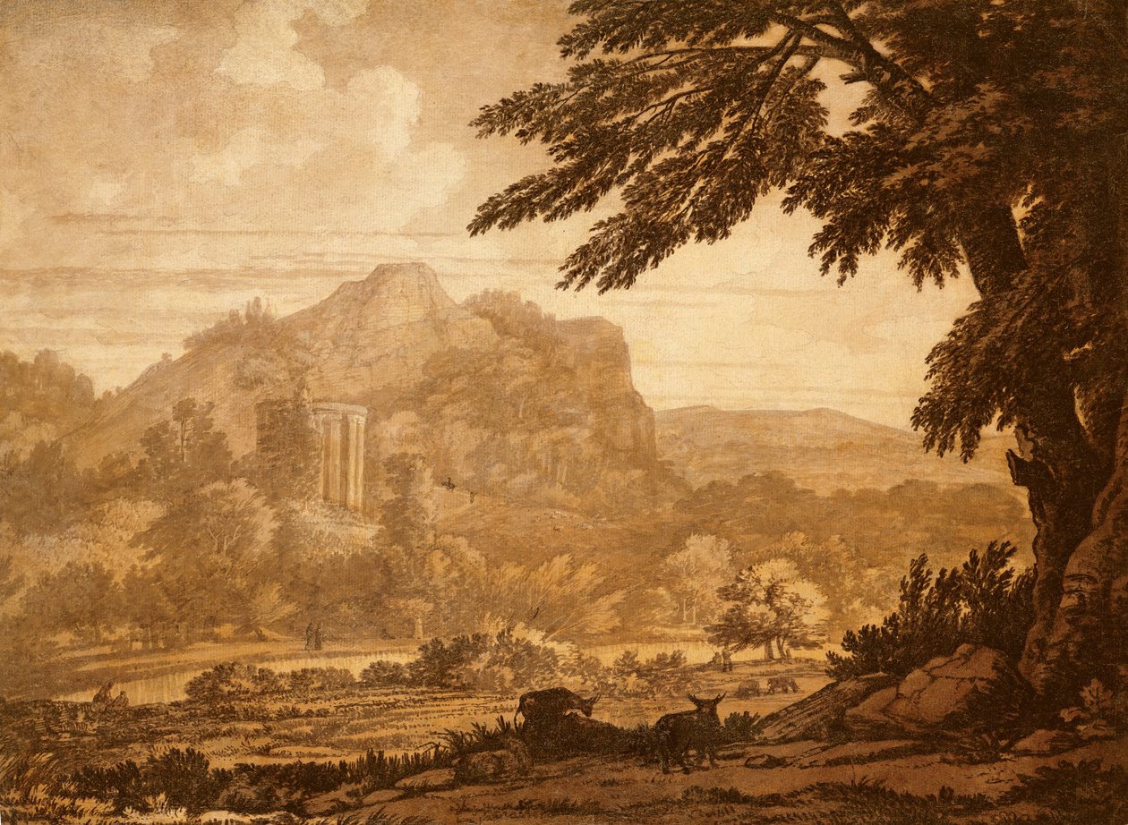 Paisagem com um templo (caneta e tinta no papel) de Alexander Cozens