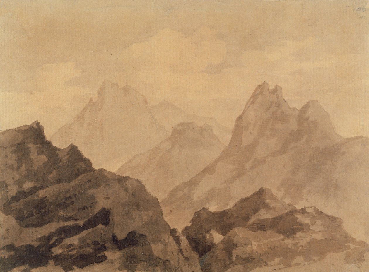 Topos de Montanha (A Mountain Study), c.1780 (grafite com tinta marrom e cinza sobre papel) de Alexander Cozens