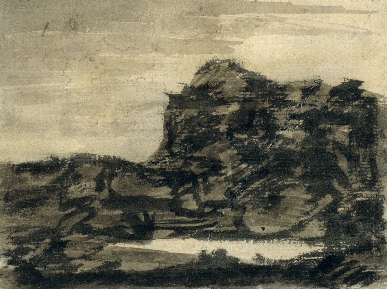 O lago ao pé do penhasco (lápis com preto, cinza e marrom lava no papel) de Alexander Cozens