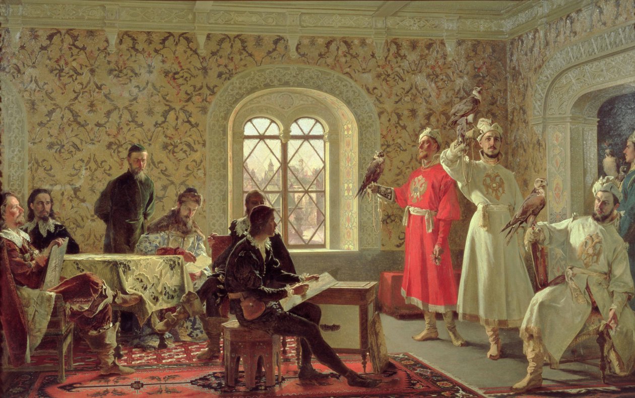 O embaixador italiano Calvuci desenhando os falcões do czar Alexei Mikhailovich (1629-76) 1889 de Alexander Dimitrievitch Litovtchenko