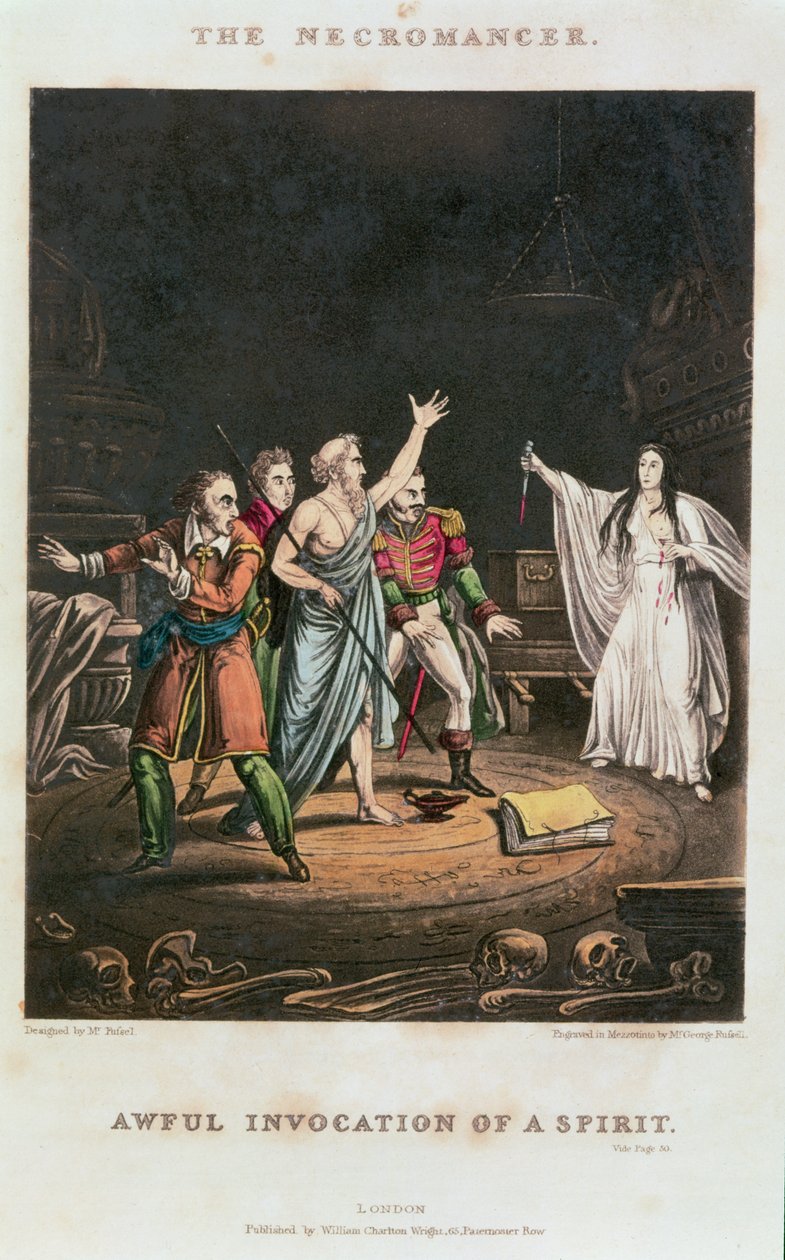 Invocação terrível de um espírito, ilustração a "o Necromancer", gravada por George Russell, bar. por William Charlton Wright (mezzotint) de Alexander Fussel