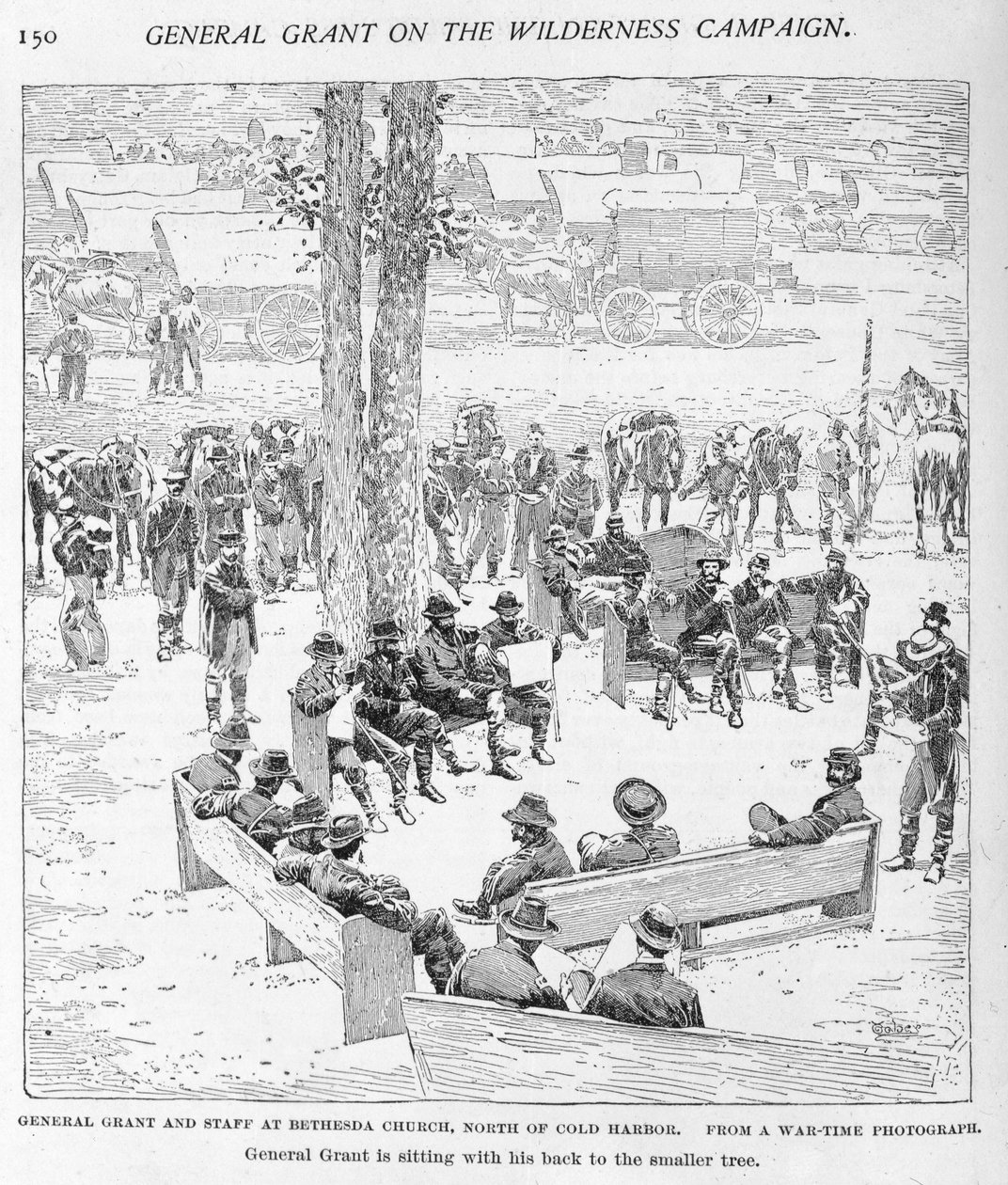 General Grant e equipe da Bethesda Church, ao norte de Cold Harbour, gravada por JW Taber (fl.1850-1928) a partir de uma fotografia, ilustração de &39;Batalhas e Líderes da Guerra Civil&39;, editada por Robert U de Alexander Gardner