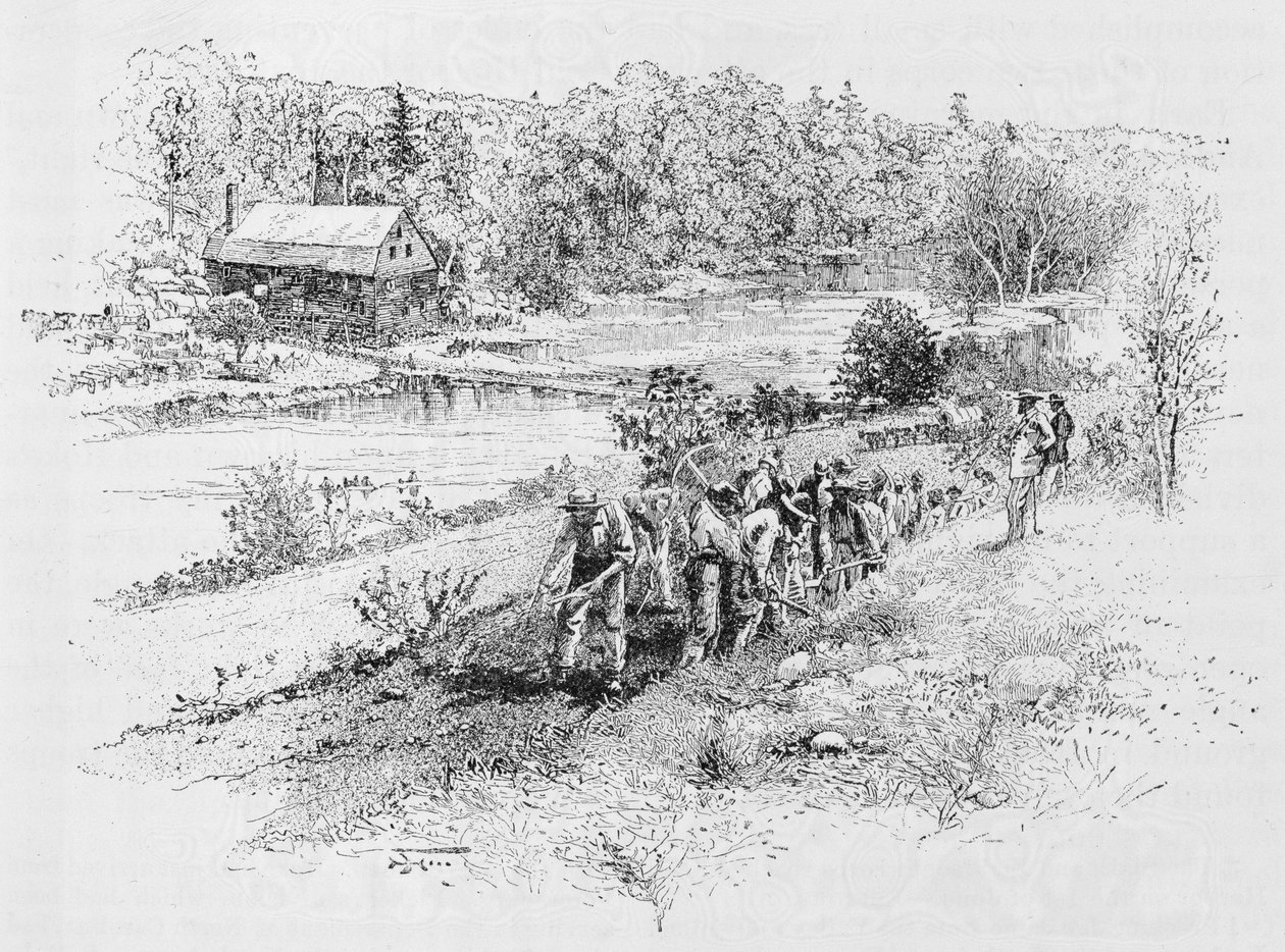 Jericho Mills: Corpo de engenheiros da União no trabalho, gravado por Harry Fenn (183845-1911) a partir de uma fotografia, ilustração de "Batalhas e Líderes da Guerra Civil", editada por Robert Underwood Johnson e C de Alexander Gardner
