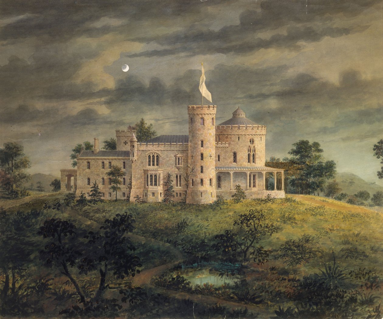 Ericstan, Tarrytown, 1855 (wc, tinta e grafite sobre papel) de Alexander Jackson Davis