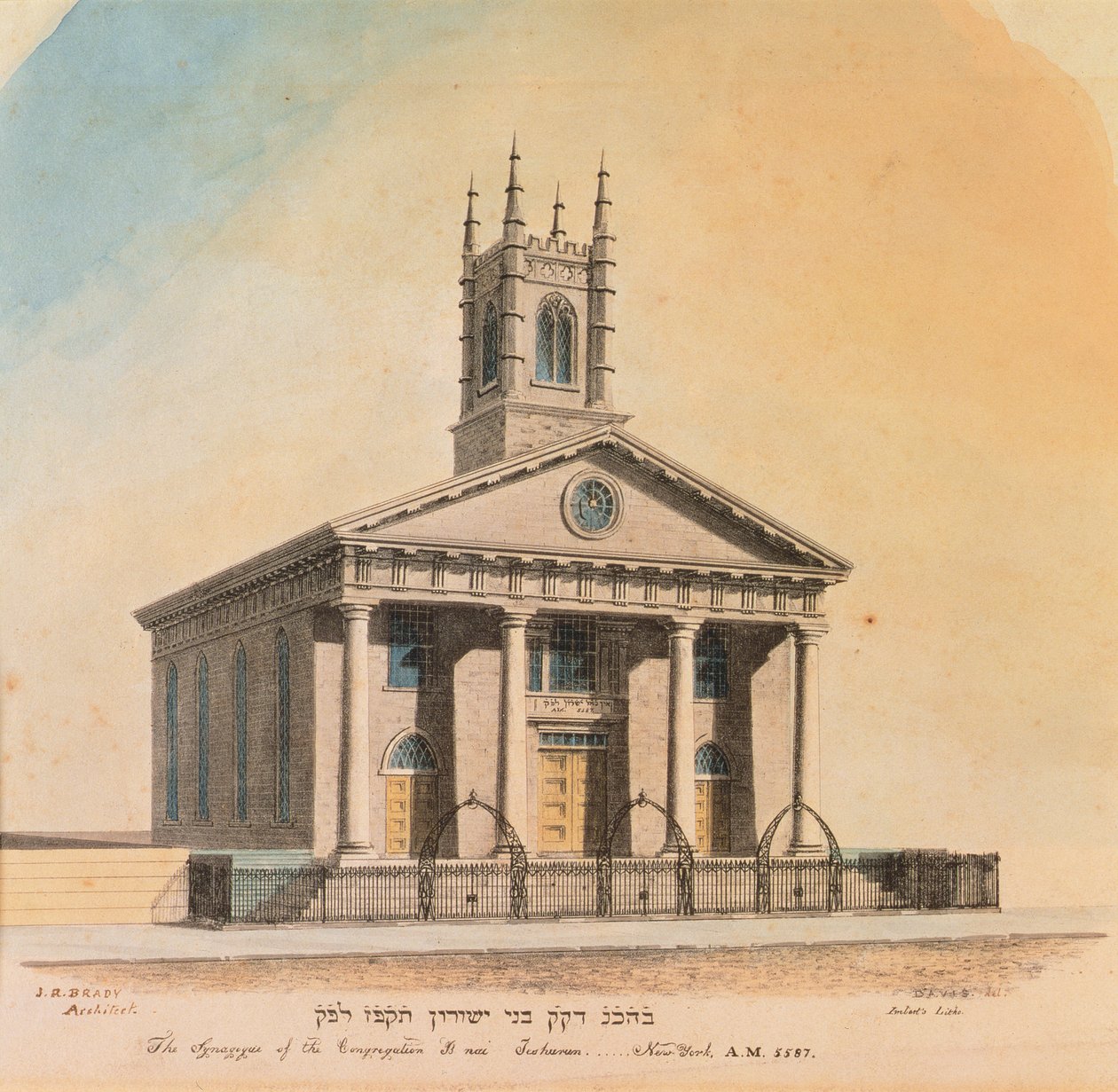 A Sinagoga da Congregação B&39;nai Jeshurum, Nova York, gravada por Anthony Imbert (fl.1825) 1827 de Alexander Jackson Davis