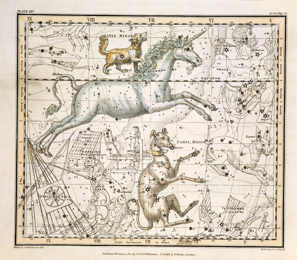 Monoceros, de &39;A Celestial Atlas&39;, pub. em 1822 de Alexander Jamieson
