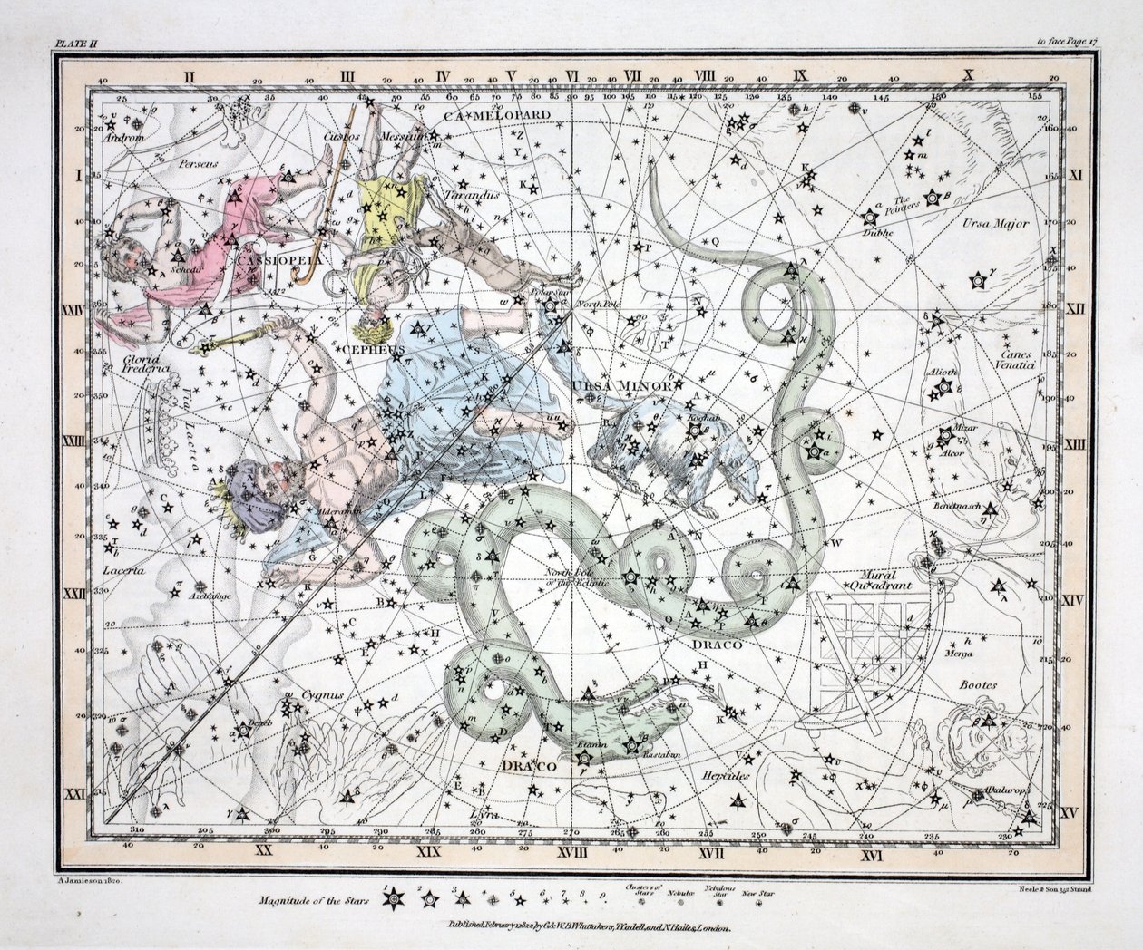 As Constelações (Placa II) Ursa Menor, Cassiopeia, Tarandus, Cepheus, Draco, Custódio Messium, de &39;A Celestial Atlas&39; de Alexander Jamieson, pub. Londres 1822 (gravura colorida à mão) de Alexander Jamieson