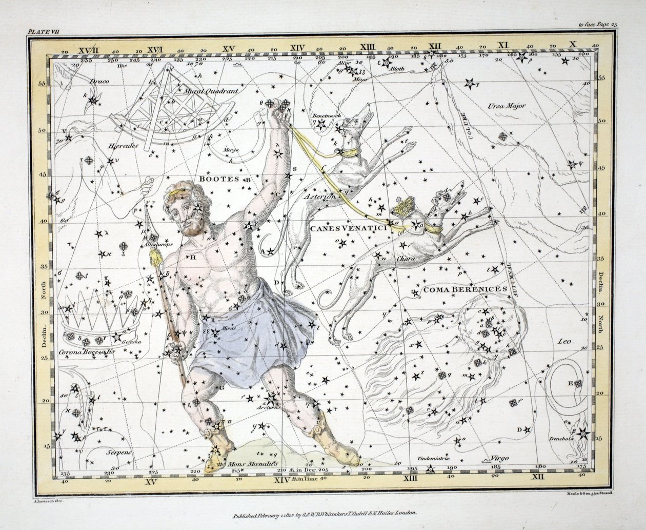 As Constelações (Placa VII) Bootes e Mons Maenalus, Asterion e Chara ou Canes Venatici, Coma Berenices, de &39;A Celestial Atlas&39; de Alexander Jamieson, pub. Londres 1822 (gravi colorido à mão de Alexander Jamieson