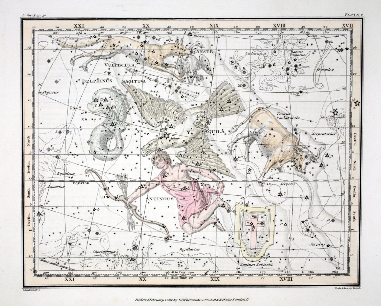 As constelações (placa X) Aquila e Antinous, Scutum Sobieski, Touro Poniatowski, Sagitta, Valpecula e Anser, e Delphinus, de &39;A Celestial Atlas&39; por Alexander Jamieson, pub. Londres 1822 (mão de Alexander Jamieson