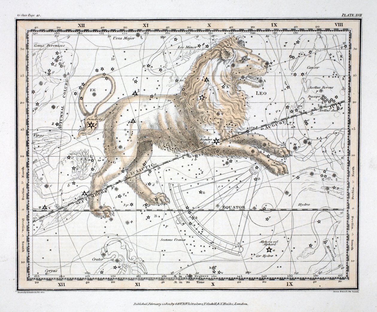 As constelações (Placa XVII) Leo, de &39;A Celestial Atlas&39; de Alexander Jamieson, pub. Londres 1822 (gravura colorida à mão) de Alexander Jamieson