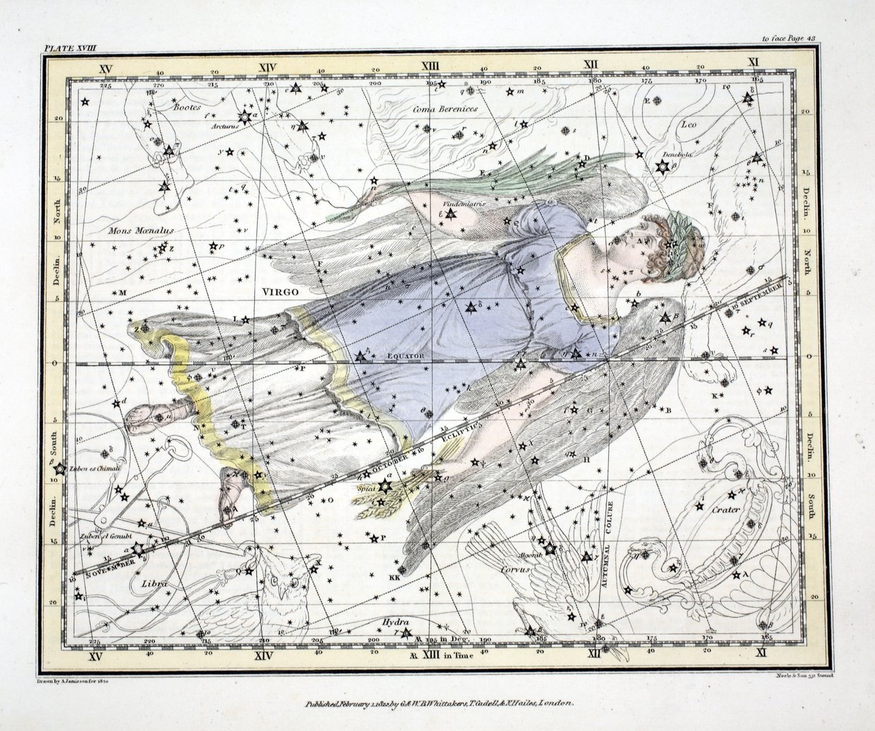 As constelações (placa XVIII) Virgem, de "um atlas celestial" por Alexander Jamieson, bar. Londres 1822 (gravura colorida à mão) de Alexander Jamieson