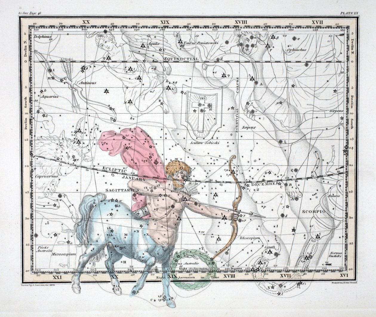 As constelações (placa XX) Sagitário, de "um atlas celestial" por Alexander Jamieson, bar. Londres 1822 (gravura colorida à mão) de Alexander Jamieson