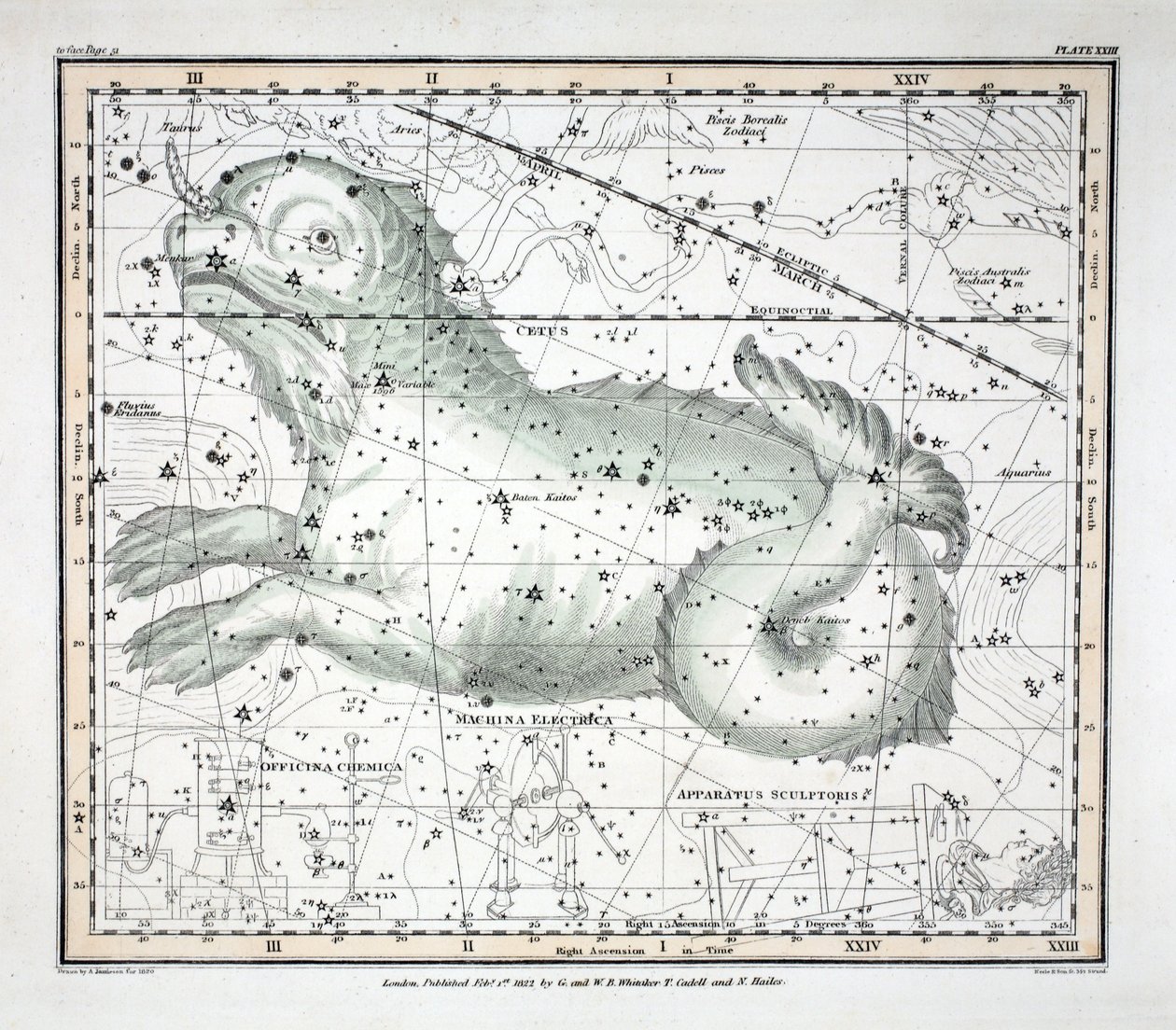As Constelações (Placa XXIII) Cetus, Officina Sculptoris, Machina Electrica, Fornax Chemica, de &39;A Celestial Atlas&39; por Alexander Jamieson, pub. Londres 1822 (gravura colorida à mão) de Alexander Jamieson