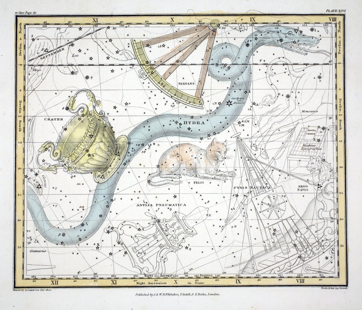 As constelações (placa XXVI) Hydra, Uraniae de Sextan, Le Converso, La Machine Pneumatique, de "um Atlas Celestial" por Alexander Jamieson, bar. Londres 1822 (gravura colorida à mão) de Alexander Jamieson