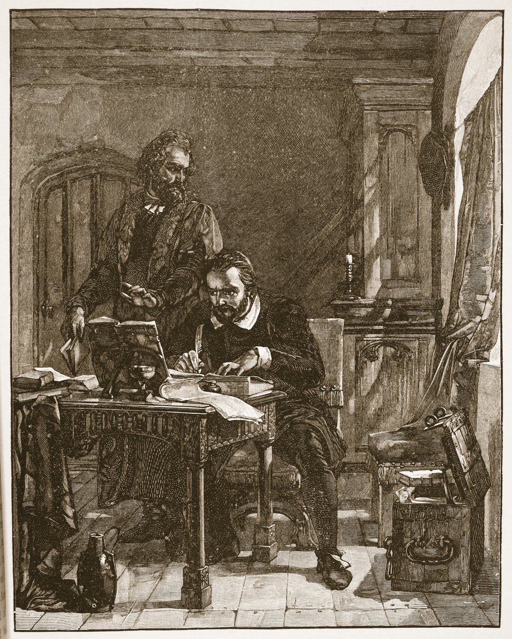 Tyndale traduzindo a Bíblia, ilustração de "A Igreja da Inglaterra: Uma História para o Povo" por HDM Spence-Jones, pub. c.1910 (foto sépia) de Alexander Johnston