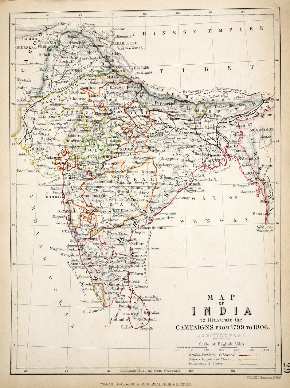 Mapa da Índia, publicado por William Blackwood and Sons, Edimburgo e Londres, 1848 (gravura colorida à mão) de Alexander Keith Johnston