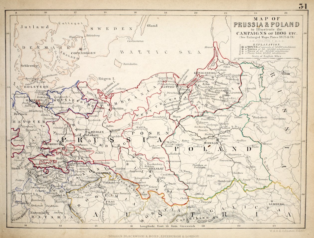 Mapa da Prússia e da Polônia, publicado por William Blackwood and Sons, Edimburgo e Londres, 1848 (gravura colorida à mão) de Alexander Keith Johnston