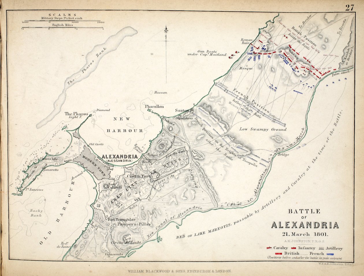Mapa da Batalha de Alexandria, publicado por William Blackwood and Sons, Edimburgo e Londres, 1848 (gravura colorida à mão) de Alexander Keith Johnston