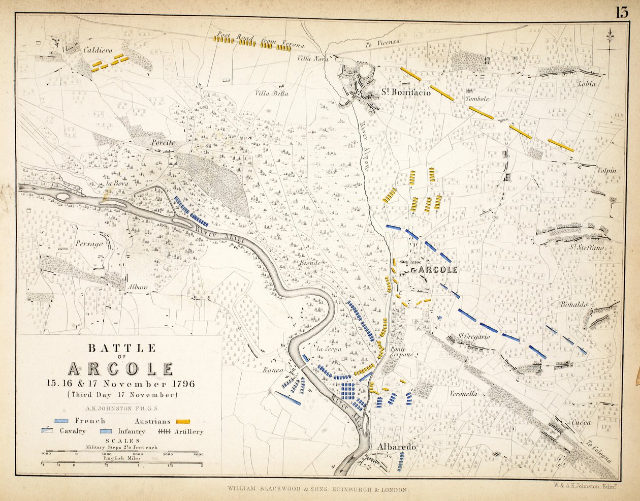Mapa da Batalha de Arcole, publicado por William Blackwood and Sons, Edimburgo e Londres, 1848 (gravura colorida à mão) de Alexander Keith Johnston