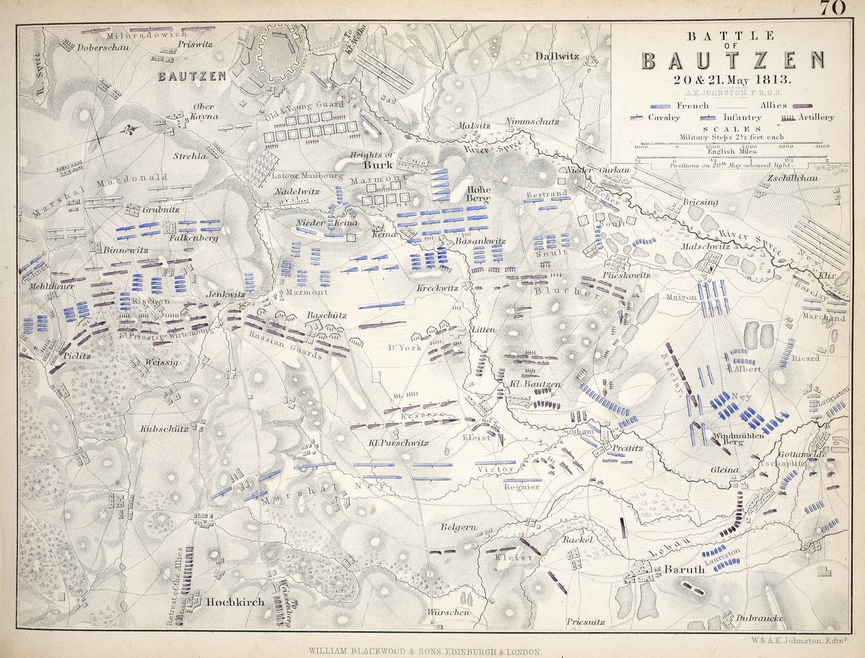 Mapa da Batalha de Bautzen, publicado por William Blackwood and Sons, Edimburgo e Londres, 1848 (gravura colorida à mão) de Alexander Keith Johnston