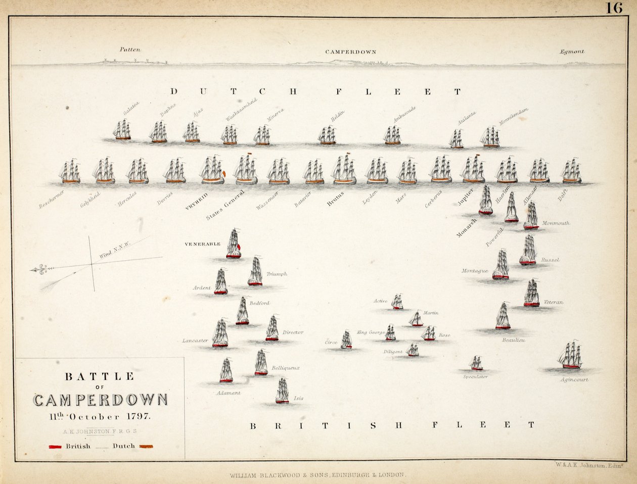 Mapa da Batalha de Camperdown, publicado por William Blackwood and Sons, Edimburgo e Londres, 1848 (gravura colorida à mão) de Alexander Keith Johnston