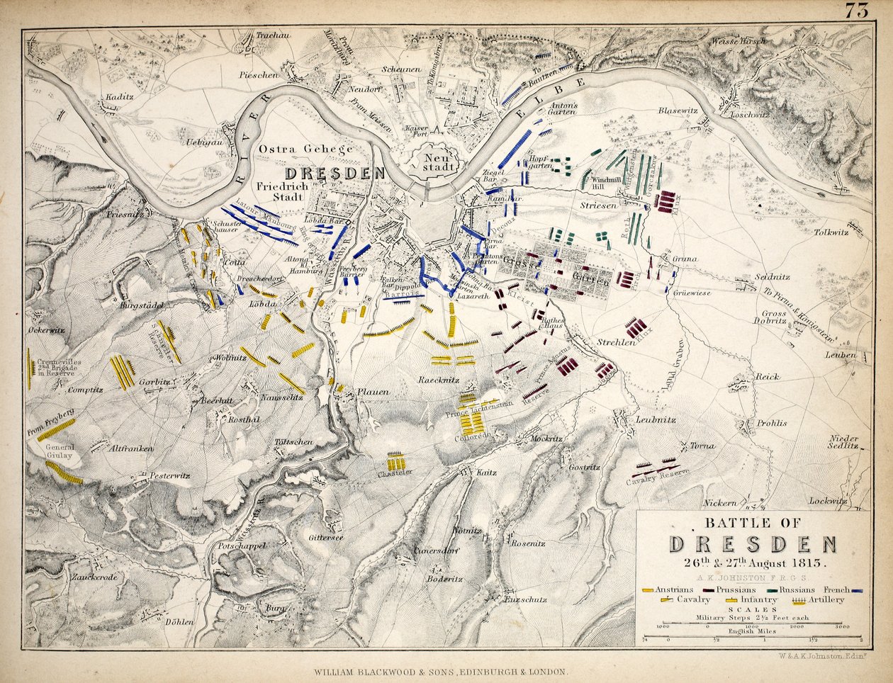 Mapa da Batalha de Dresden, publicado por William Blackwood and Sons, Edimburgo e Londres, 1848 (gravura colorida à mão) de Alexander Keith Johnston