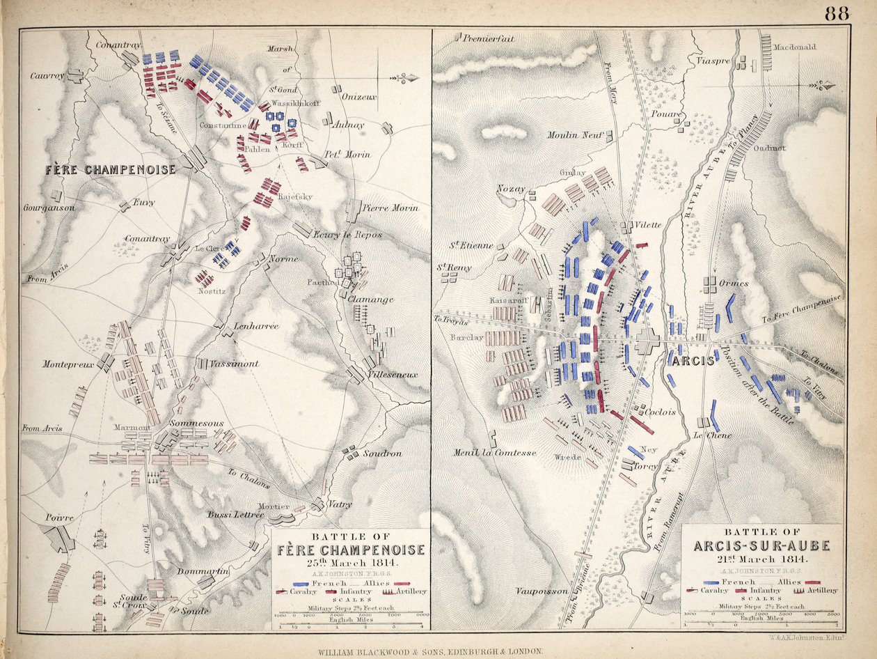 Mapa da Batalha de Fere Champenoise e da Batalha de Arcis-Sur-Aube, publicado por William Blackwood and Sons, Edimburgo e Londres, 1848 (gravura colorida à mão) de Alexander Keith Johnston