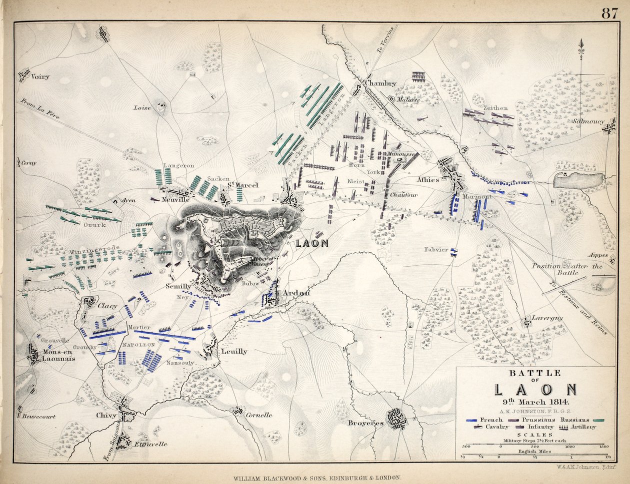 Mapa da Batalha de Laon, publicado por William Blackwood and Sons, Edimburgo e Londres, 1848 (gravura colorida à mão) de Alexander Keith Johnston
