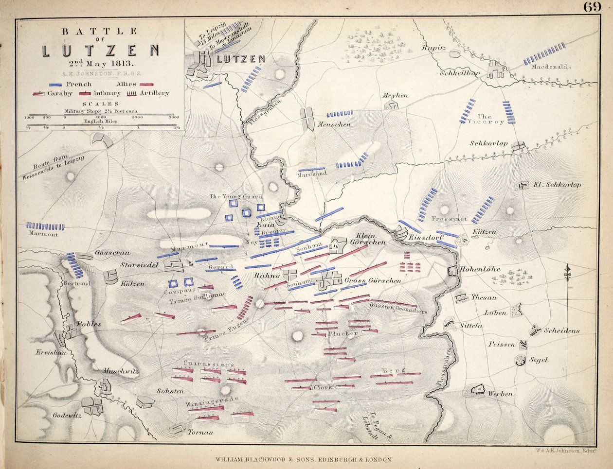 Mapa da Batalha de Lutzen, publicado por William Blackwood and Sons, Edimburgo e Londres, 1848 (gravura colorida à mão) de Alexander Keith Johnston