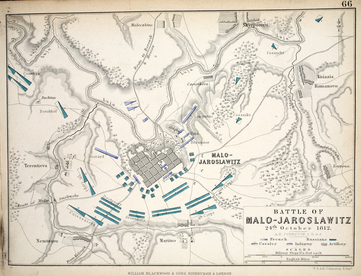 Mapa da Batalha de Malo-Jaroslawitz, publicado por William Blackwood and Sons, Edimburgo e Londres, 1848 (gravura colorida à mão) de Alexander Keith Johnston