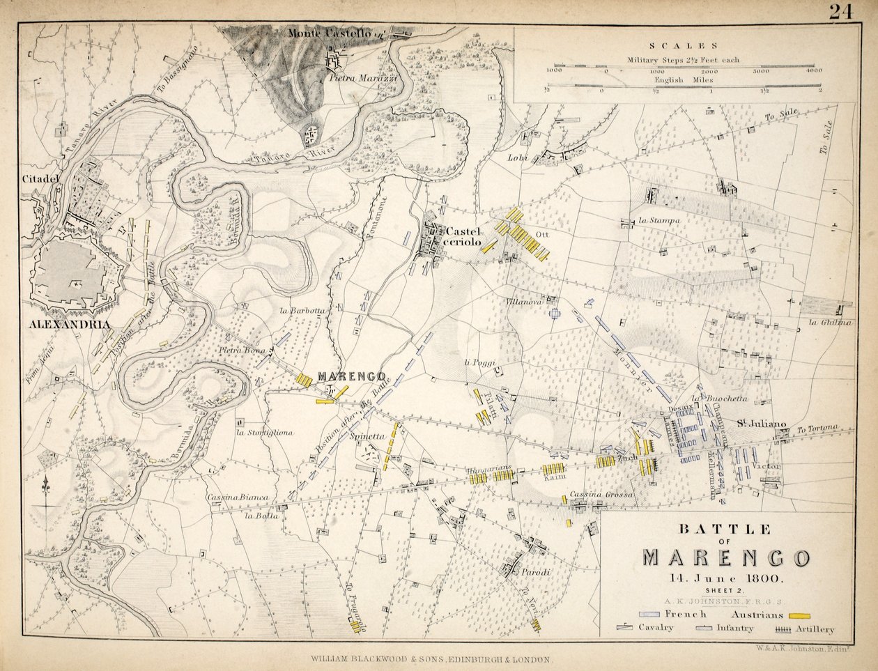 Mapa da Batalha de Marengo, publicado por William Blackwood and Sons, Edimburgo e Londres, 1848 (gravura colorida à mão) de Alexander Keith Johnston