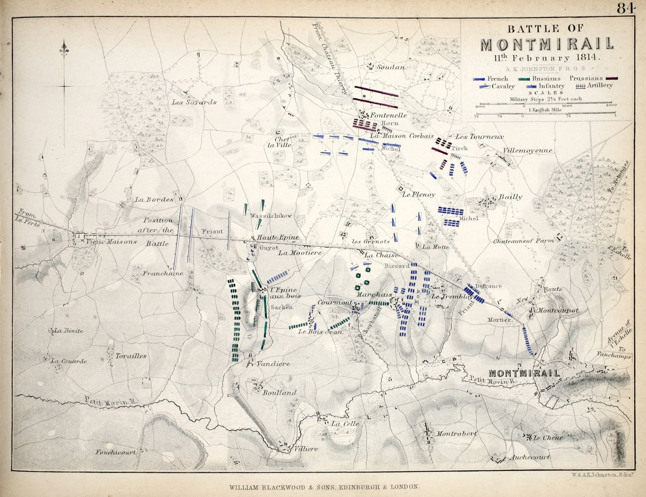 Mapa da Batalha de Montmirail, publicado por William Blackwood and Sons, Edimburgo e Londres, 1848 (gravura colorida à mão) de Alexander Keith Johnston