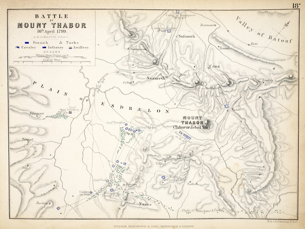 Mapa da Batalha do Monte Thabor, publicado por William Blackwood and Sons, Edimburgo e Londres, 1848 (gravura colorida à mão) de Alexander Keith Johnston