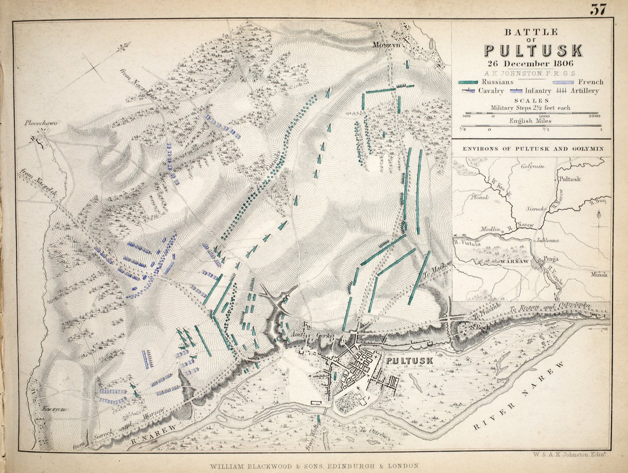 Mapa da Batalha de Pultusk, publicado por William Blackwood and Sons, Edimburgo e Londres, 1848 (gravura colorida à mão) de Alexander Keith Johnston