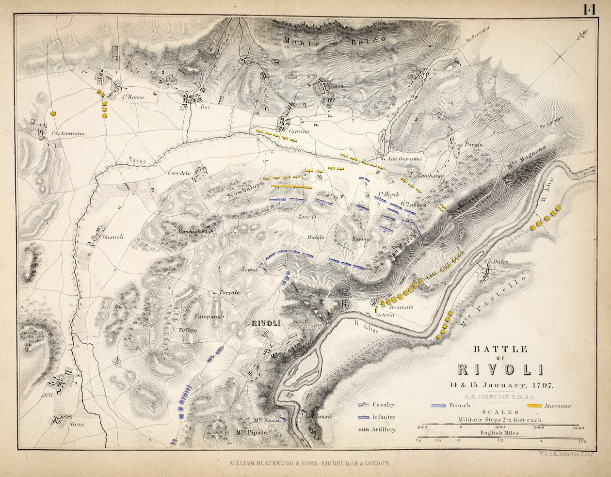 Mapa da Batalha de Rivoli, publicado por William Blackwood and Sons, Edimburgo e Londres, 1848 (gravura colorida à mão) de Alexander Keith Johnston