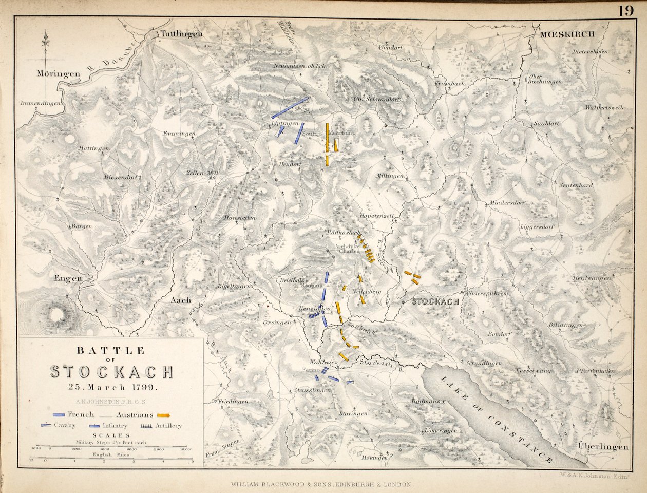 Mapa da Batalha de Stockach, publicado por William Blackwood and Sons, Edimburgo e Londres, 1848 (gravura colorida à mão) de Alexander Keith Johnston