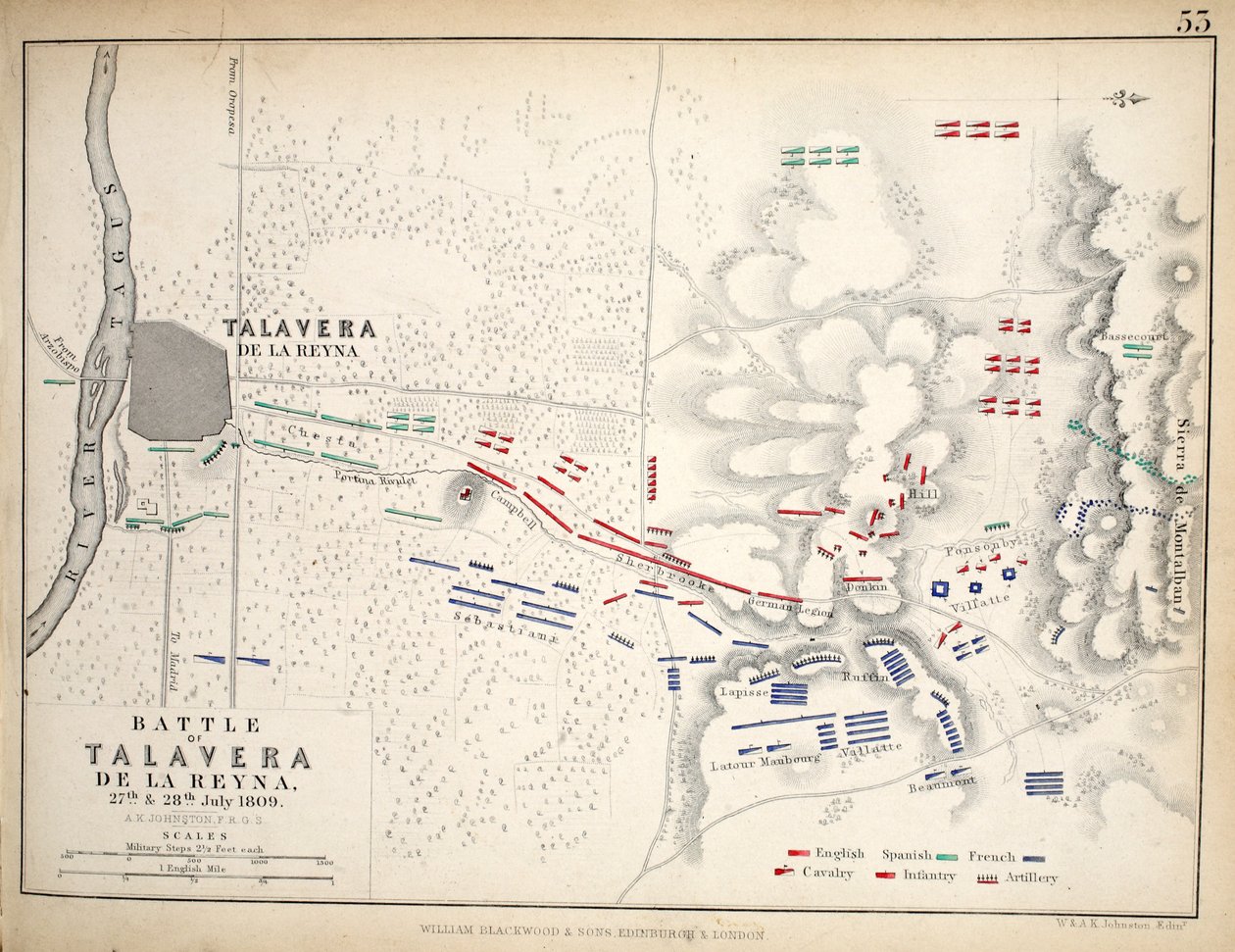Mapa da Batalha de Talavera, publicado por William Blackwood and Sons, Edimburgo e Londres, 1848 (gravura colorida à mão) de Alexander Keith Johnston